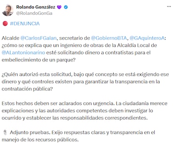 El concejal Rolando González pidió explicaciones a la Alcaldía de Bogotá por los presuntos cobros a contratistas de Antonio Nariño - Crédito @RolandoGonGa/X
