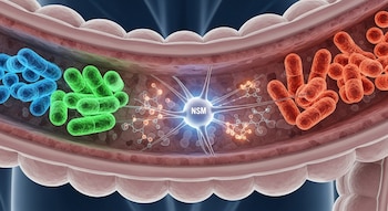Una sección transparente del tracto digestivo humano con la pared intestinal visible. Bacterias de colores verde, azul y rojo se adhieren a la mucosa. Una neurona NSM brillante y moléculas de señalización química están presentes.