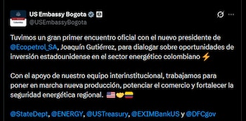 El diálogo bilateral no incluyó anuncios sobre montos de inversión, proyectos específicos ni compromisos financieros - crédito @USEmbassyBogota/X