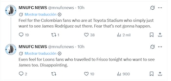 Post de una cuenta de hinchas del Minnesota United sobre las pocas opciones de James Rodríguez en el equipo - crédito X
