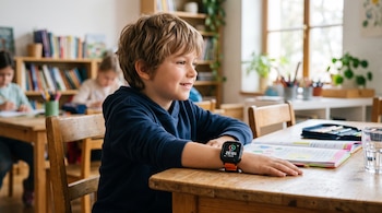 Niño sentado en un escritorio de madera dentro de un aula escolar con un reloj inteligente digital en su muñeca.