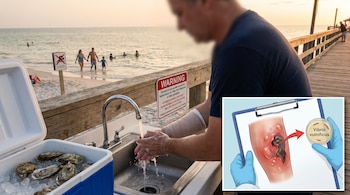 Una persona lava sus manos junto a un cubo con ostras en una playa con bañistas y un muelle, con una ilustración de una pierna infectada por Vibrio vulnificus.