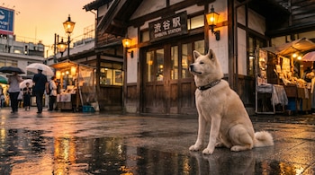 Perro Akita claro sentado frente a la estación de tren Shibuya en Tokio, con suelo mojado y luces reflejadas.