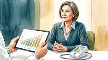 Ilustración: mujer, manos de médico, tableta con gráfico de barras sobre edad de menopausia y presión arterial, tensiómetro.
