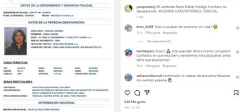 Reporte de desaparición. Instagram