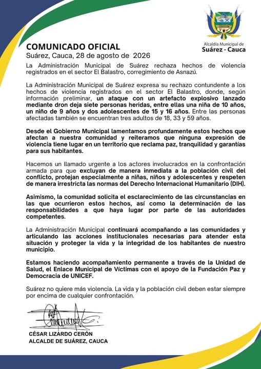 La Administración Municipal de Suárez rechazó los hechos y pidió proteger a la población civil, especialmente a niñas, niños y adolescentes. - crédito Alcaldía de Suárez