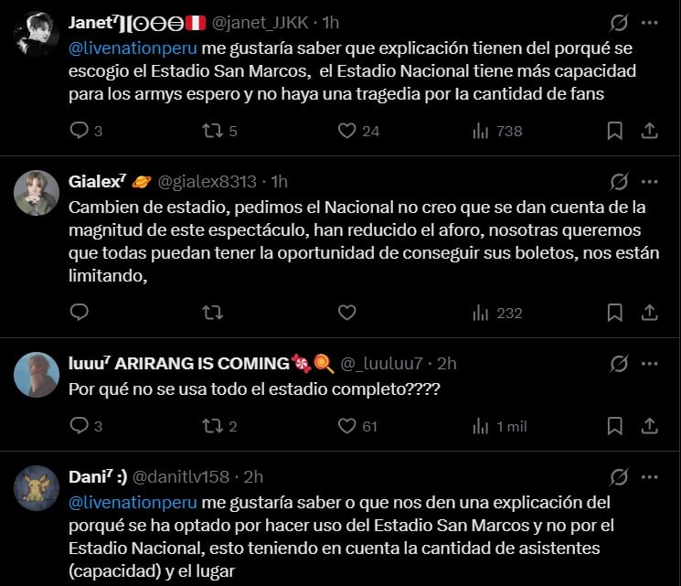 Fans de BTS reaccionan ante anuncio de Estadio San Marcos como recinto de los dos concierto de la banda coreana. Twitter