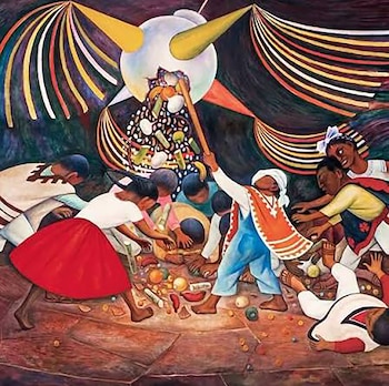 Mural colorido con niños rompiendo una piñata en el centro. Un niño usa un palo, y dulces y juguetes se esparcen por el suelo