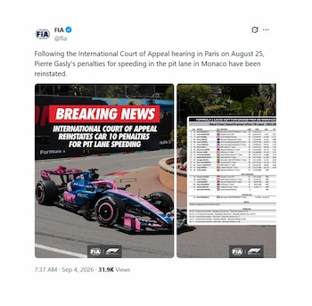 Captura de una publicación digital con la foto de un coche de carreras de la escudería Alpine y una tabla de resultados