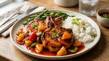 Un plato con dos chuletas de cerdo glaseadas, piña, pimientos y cebolla morada, acompañadas de arroz blanco y ejotes, espolvoreadas con sésamo y cebollino