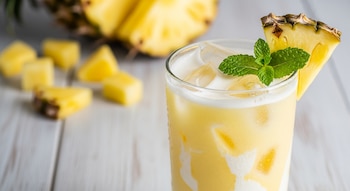 Vaso de agua de piña colada fresca con hielo, decorado con hojas de menta y una rodaja de piña. Fondo con trozos de piña desenfocados.
