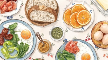 Ilustración de una mesa de desayuno con huevos fritos, espinacas, pimiento verde, jamón curado, salmón, pan rebanado, naranjas, huevos crudos, semillas de calabaza y mantequilla.