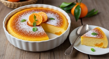 Un budín de mandarina en fuente blanca, una porción servida en plato, azúcar glas, rodajas de mandarina, hojas de menta y una cuchara en mesa de madera.