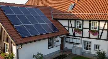 Una casa residencial con tejado de tejas rojas y paneles solares azules, junto a la fachada blanca con vigas oscuras y cajas de baterías.