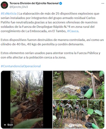 El Ejército informó la destrucción controlada de 25 artefactos explosivos que serían utilizados para atacar a las tropas en El Tambo. - crédito @Ejercito_Div3/X