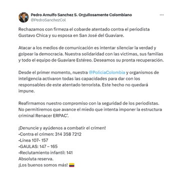 El ministro de Defensa rechazó el asesinato contra el periodista Gustavo Chicangana y ordenó acciones inmediatas - crédito @PedroSanchezCol/X