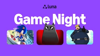 Cartel de fondo morado con el logo de Luna, el texto Game Night y tres recuadros con personajes de videojuegos