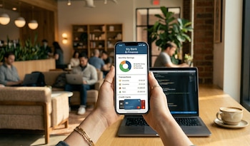 Manos sostienen un smartphone con una aplicación de banca en primer plano; se ven una taza de café, un portátil y personas trabajando en una cafetería borrosa al fondo