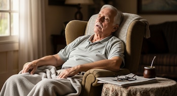 Hombre anciano de pelo canoso y bigote blanco dormido en un sillón beige, cubierto con una manta. Gafas y un periódico en la mesa lateral.