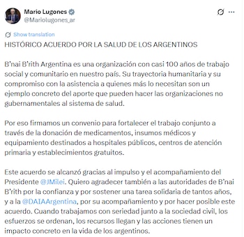 Captura de pantalla del perfil de Mario Lugones en Twitter con foto de perfil, nombre, nombre de usuario y un tweet completo