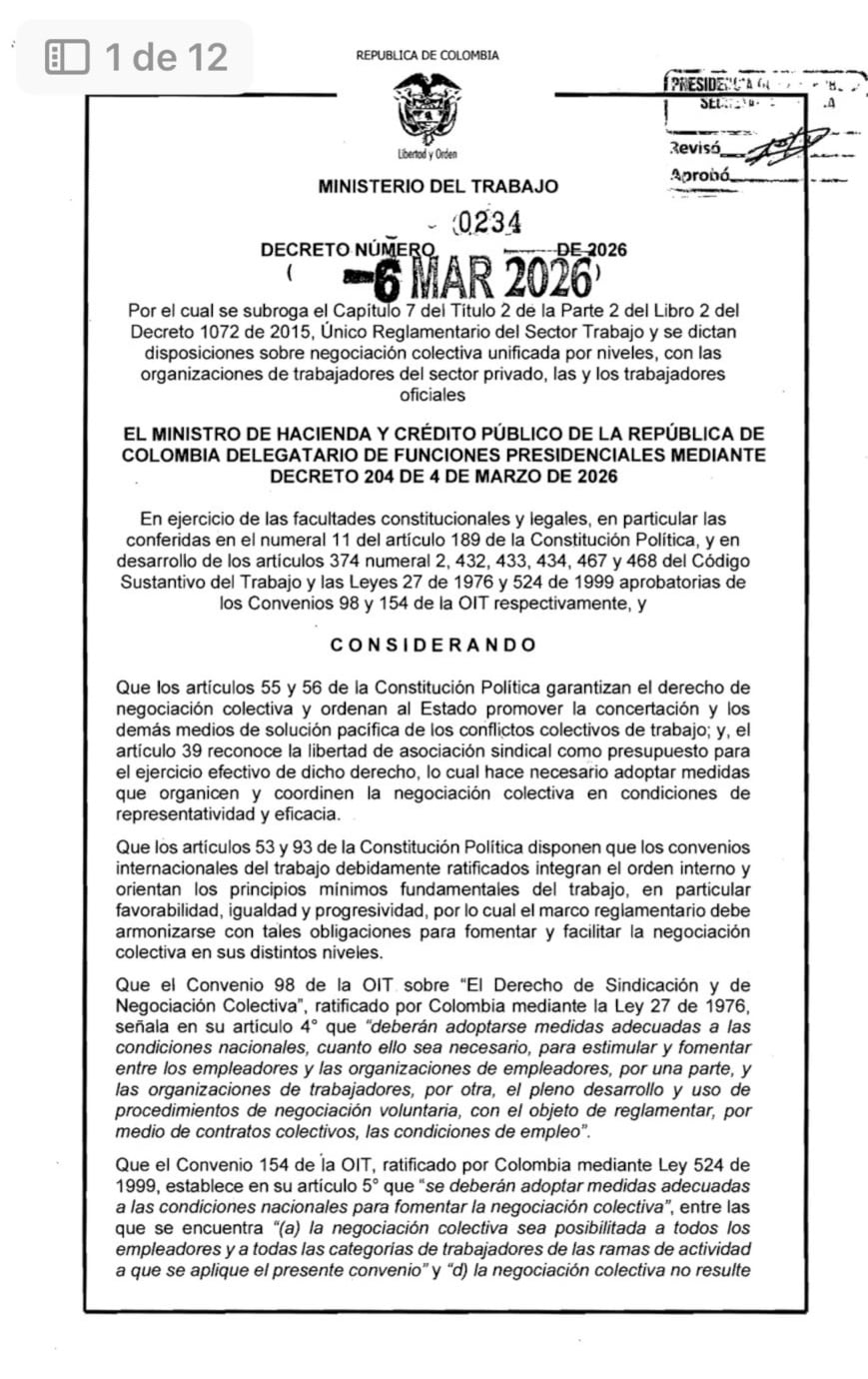 El Decreto 234 de 2026 establecía reglas relacionadas con los niveles de negociación, la representatividad, el pliego único, la mesa única de negociación, la coordinación entre niveles y los efectos de las convenciones colectivas - crédito Ministerio del Trabajo
