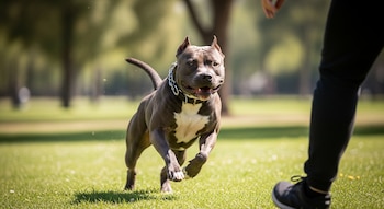 Un pitbull de pelaje gris y blanco corre con determinación sobre el césped verde hacia la parte inferior de la pierna y el pie de una persona.