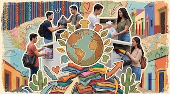 Ilustración de personas donando ropa en contenedores con un globo terráqueo, pila de prendas, flechas, mapas, patrón textil y casas coloridas de fondo.