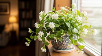 Una planta de jazmín chino con muchas flores blancas y capullos verdes en una maceta azul y blanca, colocada en un alféizar de madera junto a una ventana.
