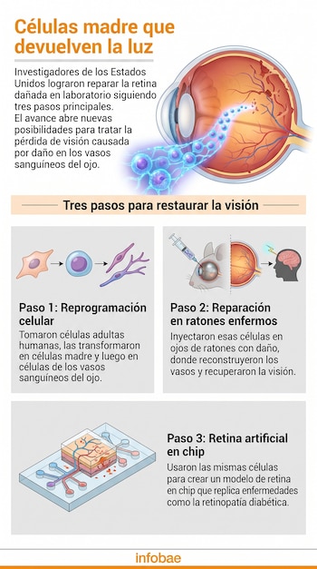 Así lograron científicos de la Universidad Duke convertir células madre en células del ojo y revertir el daño retinal en un laboratorio