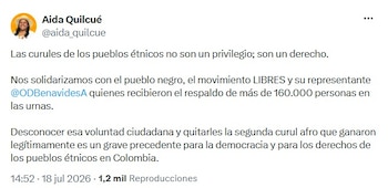 Aida Quilcué y Wally Ospina fijaron posición en redes sociales con un punto común: la controversia no se limita a un escaño, sino al valor del voto de una comunidad - crédito @aida_quilcue/X