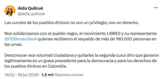 Aida Quilcué y Wally Ospina fijaron posición en redes sociales con un punto común: la controversia no se limita a un escaño, sino al valor del voto de una comunidad - crédito @aida_quilcue/X
