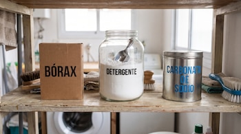 Caja de cartón con la palabra bórax, frasco de vidrio con detergente y lata metálica de carbonato de sodio sobre una repisa de madera.
