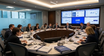 Miembros de la Junta de Educación de LAUSD sentados alrededor de una mesa de reuniones con micrófonos, documentos y pantallas grandes que muestran datos.