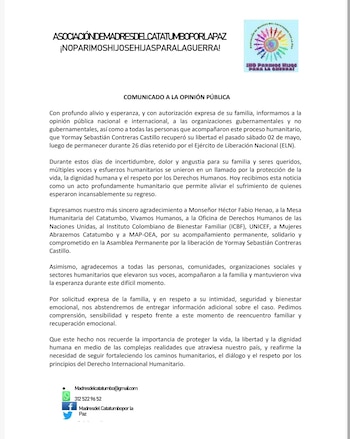 La Asociación Madres del Catatumbo confirmó la liberación de Yormay Sebastián Contreras tras 26 días de retención por el ELN en Tibú - crédito X