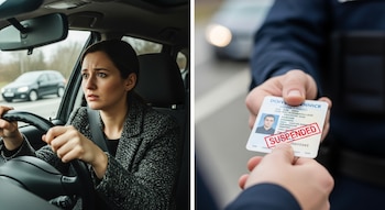 Mujer conduciendo un auto preocupada y close-up de una mano sosteniendo una licencia con sello de suspendida