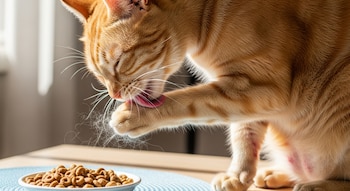 Primer plano de un gato atigrado naranja acicalándose la pata, con la lengua visible. Su pelaje muestra irritación en la zona de la ingle, y un plato de comida está en la parte inferior izquierda.