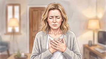 Ilustración de una mujer con las manos sobre el pecho y expresión de malestar en una sala de estar.