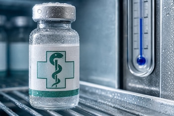 Frasco de vidrio con gotas de condensación y etiqueta de cruz médica dentro de un refrigerador metálico junto a un termómetro.