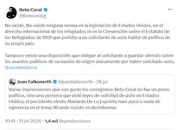 El activista Franklin Humberto Coral Garrido, conocido como Beto Coral, rechazó en su cuenta de X una acusación del analista y abogado Juan Falkonerth, que sostuvo que el colombiano “violó leyes de solicitud de asilo en Estados Unidos” y que “no fue un preso político” - crédito @Betocoralg