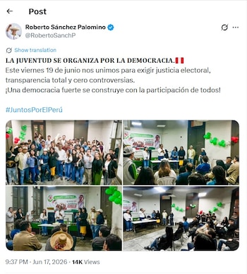 Captura de pantalla de un tuit de Roberto Sánchez Palomino. Muestra cuatro fotos de un evento político en interiores con grupos de jóvenes, pancartas y globos
