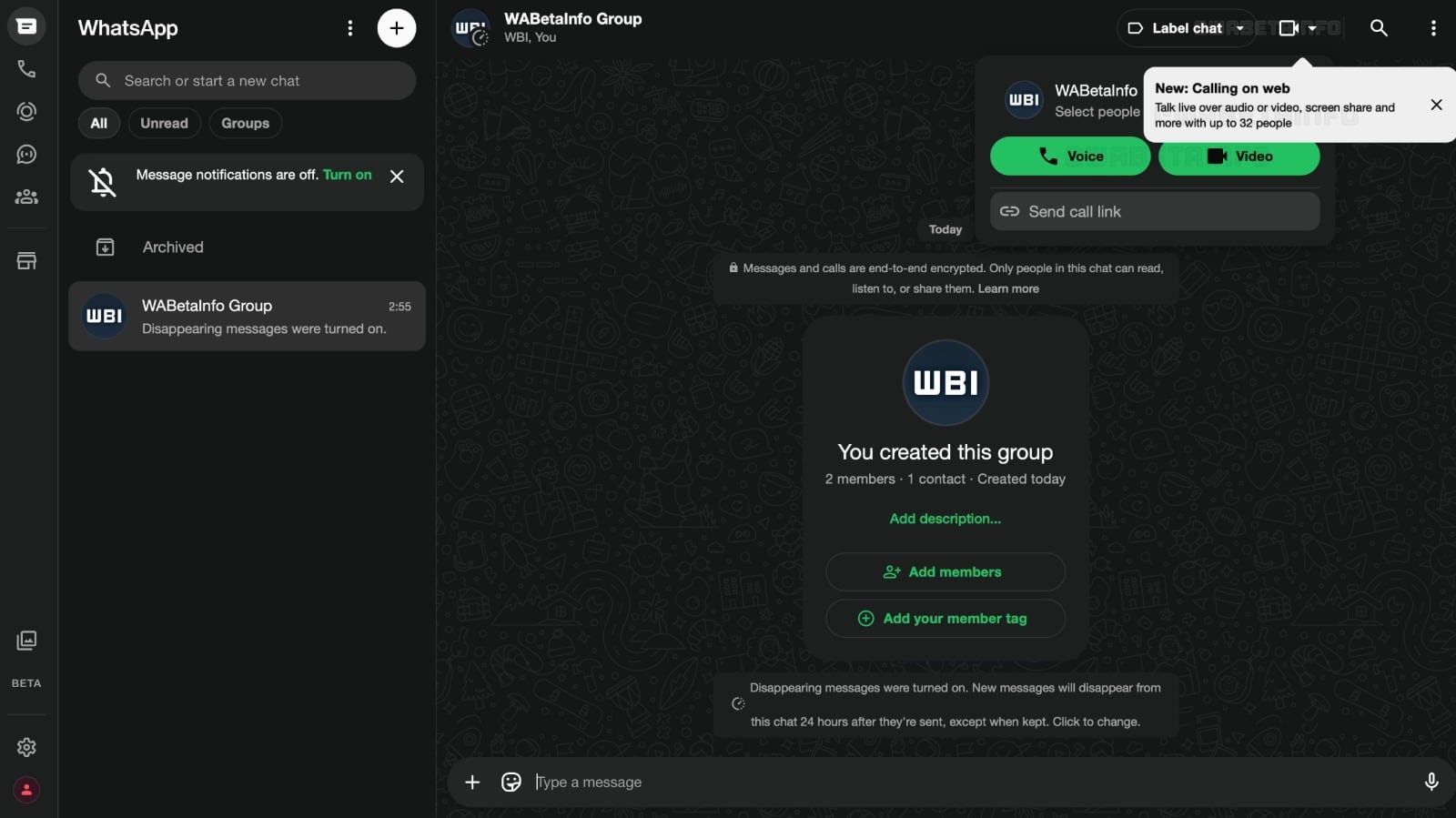 La interfaz de WhatsApp Web muestra la nueva función de videollamada y llamadas de voz en la web, que permite a los usuarios conectar con hasta 32 participantes en línea. (WaBetaInfo)