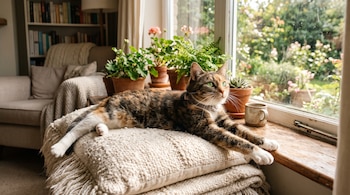 Un gato tricolor estirado sobre un cojín beige junto a una ventana con plantas en macetas y un sillón al fondo.