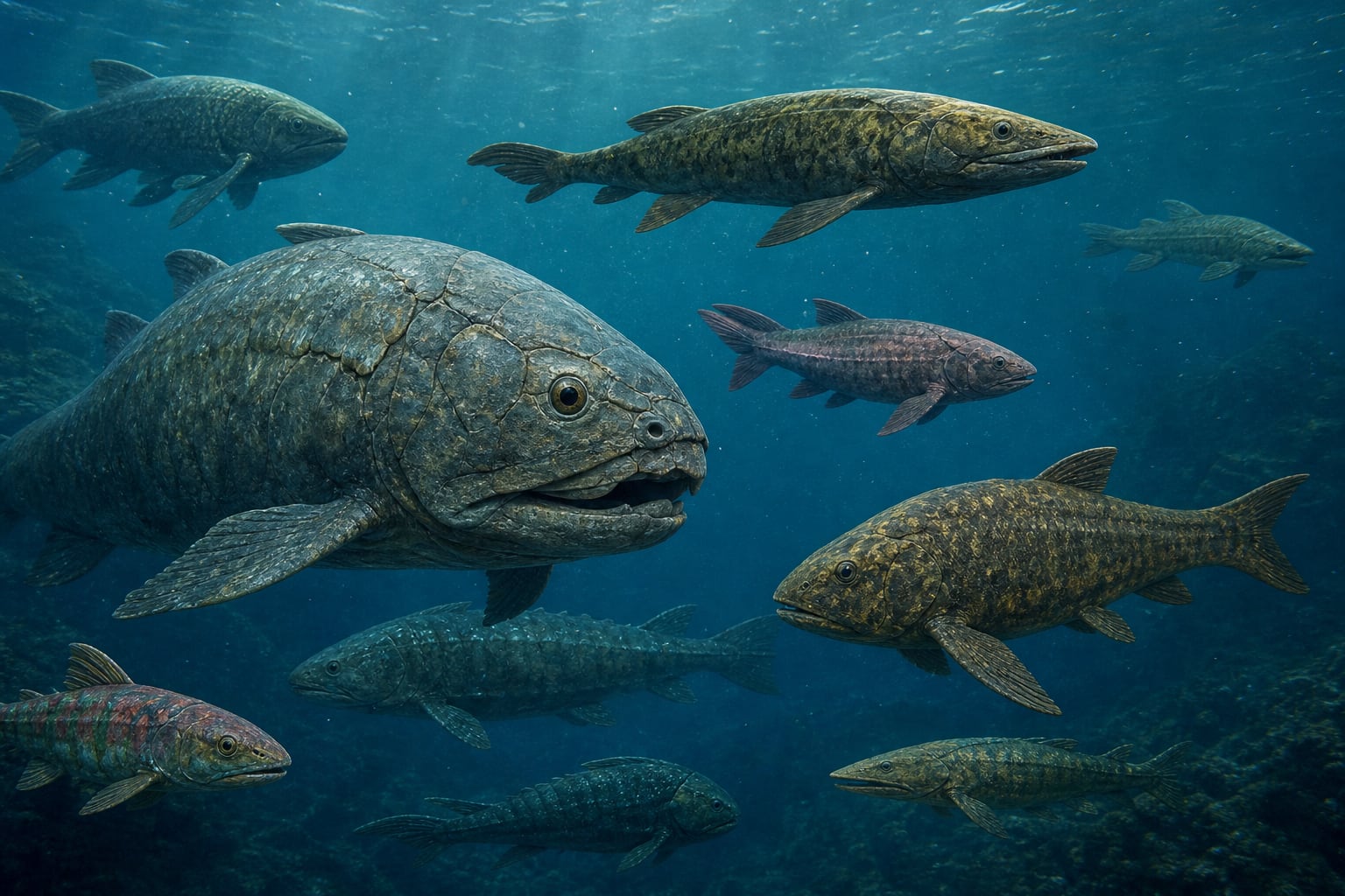 Diversas especies de peces prehistóricos de distintos tamaños nadan en las profundidades del océano. (Imagen Ilustrativa Infobae)