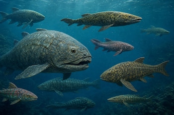 Peces de aspecto prehistórico y escamas gruesas nadan en el agua azul de un océano.