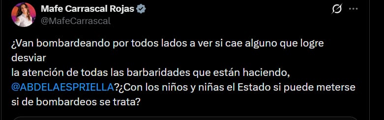 Mafe Carrascal cuestionó al Gobierno de Abelardo de la Espriella por muerte de tres menores edad - crédito @MafeCarrascal/X