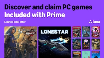 Una pantalla morada con texto que dice 'Discover and claim PC games Included with Prime' y 'Limited time offer'. Abajo, once portadas de videojuegos