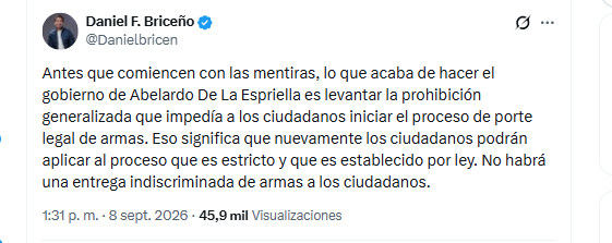 El congresista Daniel F. Briceño aseguró que el decreto expedido por el Gobierno de De la Espriella no implica la entrega indiscriminada de armas a los ciudadanos - crédito @Danielbricen/X