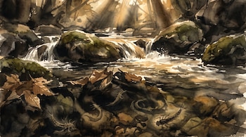 Pintura en acuarela de un arroyo con agua sobre rocas musgosas, hojas flotando y larvas de insectos. Rayos de luz cálida penetran las sombras profundas.