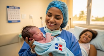 Una enfermera sonriente sostiene a un bebé recién nacido envuelto en una manta con la bandera dominicana. Detrás, una mujer sonríe en una cama de hospital.