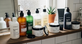 Primer plano de once botellas y tarros de productos LOUBAUL para el cabello sobre un estante de madera. Se observa un espejo y una planta verde al fondo.